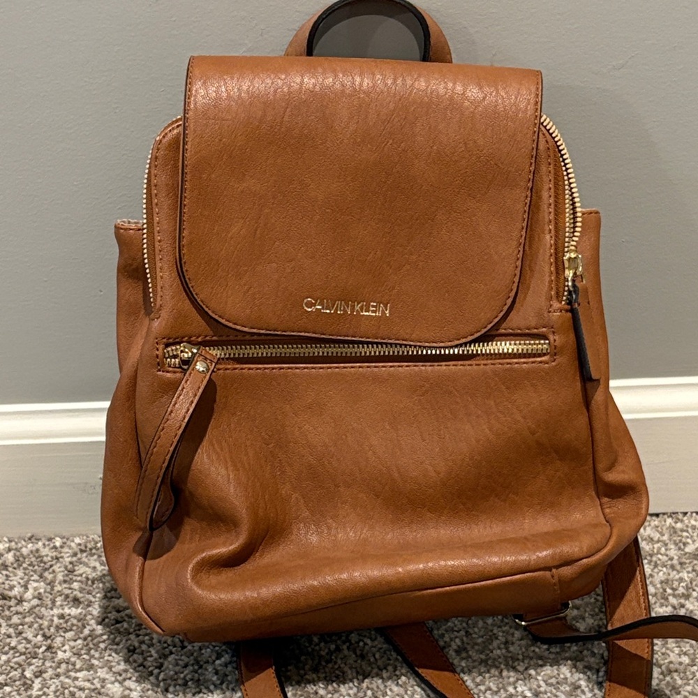 Calvin Klein Tan Leather Backpack with Gold Accents